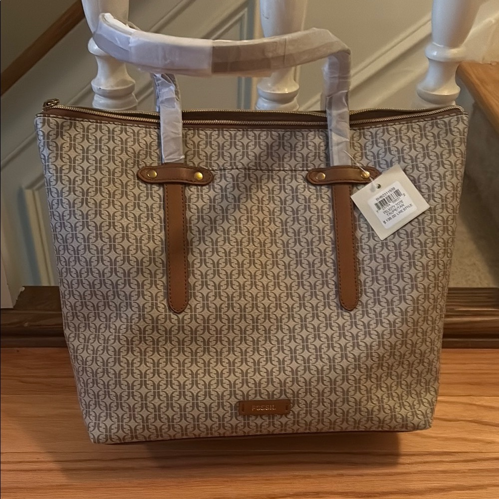 FOSSIL Cream and Brown Structured Tote with Monogram Pattern